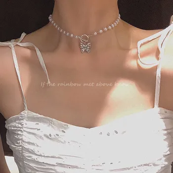 

Korean Cute Butterfly Choker Necklace For Women Beaded Chain 2020statement Pendant Fashion Female Collar pearl Jewelry wholesale