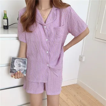 

Cute Plaid Summer Pajamas Set Short Sleeve Shirt+Shorts Two Piece Set Sleepwear Notched Pocket Korean Japanese Pijama Home S667