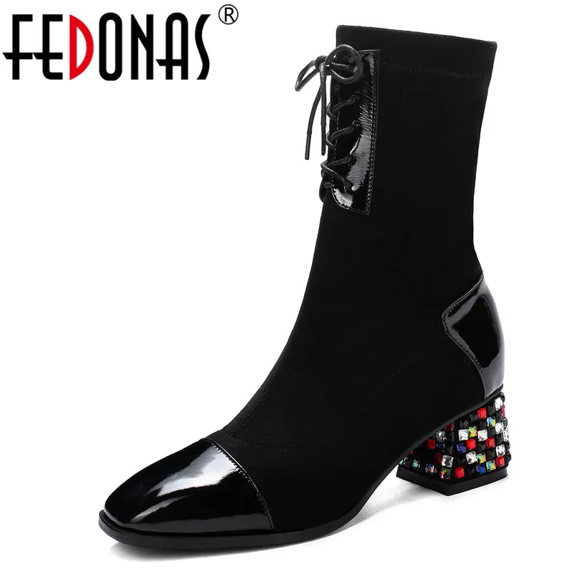 

FEDONAS Stretch Boots Dancing Prom Shoes Woman Winter Warm Flock Women New Ankle Boots Crystal High Heels Fashion Short Boots