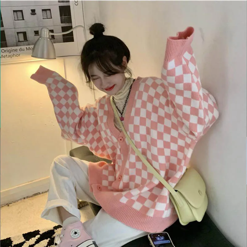 

Oversized Cardigan Women Sweater Chessboard Korean Single Breasted Knitted Garment Loose Jumper Plaid Casual Fashion Sweater New