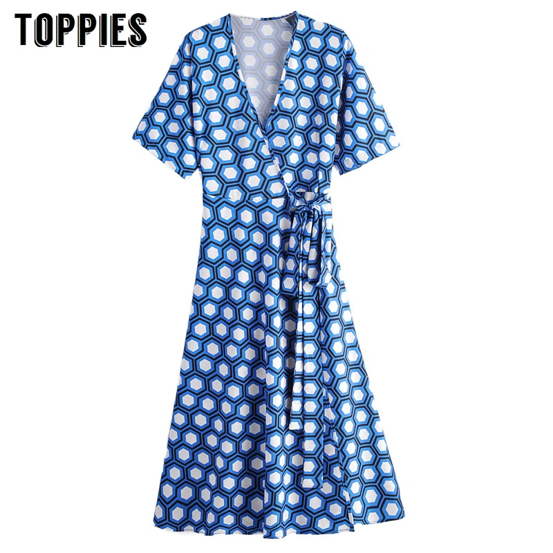 

vintage geometric printing long dress summer short sleeve a-line dress lace-up waist warpped blouses