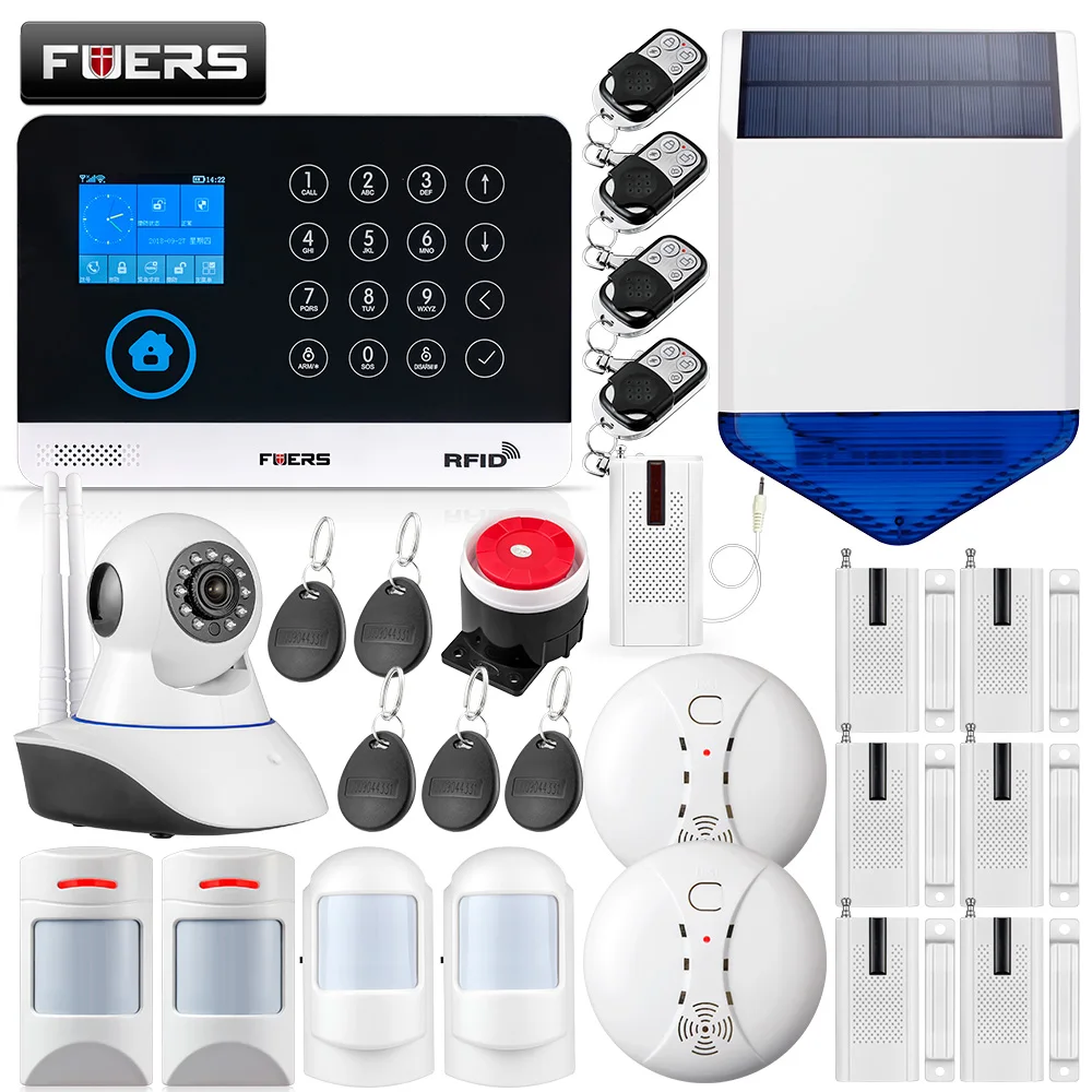 FUERS WG11 433 мГц беспроводной GSM и wi fi DIY умный дом охранной сигнализации системы Pet инфракрасный движения двери сенсор Солнечная Сирена IP камера