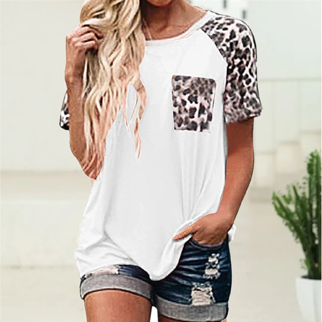 US $8.04 Leopard Pocket T-shirt Women 2020 New Tops Tee Fashion Summer Short Sleeve Tees Loose Soft Tee Shir