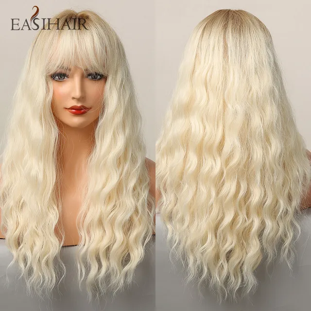 EASIHAIR Long Dark Brown Women's Wigs with Bangs Water Wave Heat Resistant Synthetic Wigs for Black Women African American Hair LC5219-1