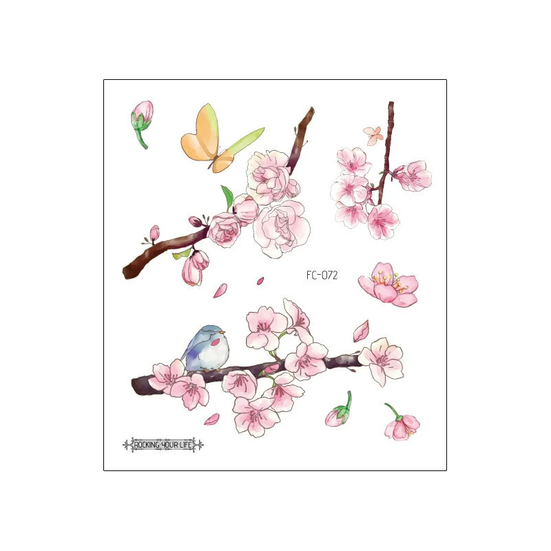 Oriental Cherry Flower Tattoo Sticker Bird Butterfly Branch Fake Designs for Woman Girl Temporary Body Chest Clavicle Art Tattoo (2)