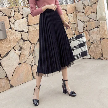 

Spring Women Pleated Skirt Dot Mesh Patchwork Velvet Skirts High Waist Plain Fashion Elegant Sweet Mid-Calf All Season Skirt