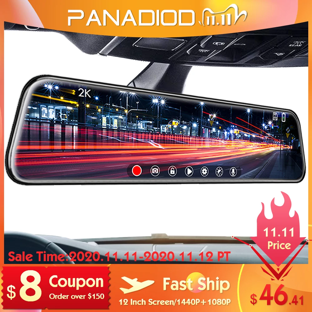 

12 Inch Car DVR 1440P Stream Media Touch Screen For Auto Dual Lens Video Recorder Rearview Mirror 2K Backup Camera Dash Cam