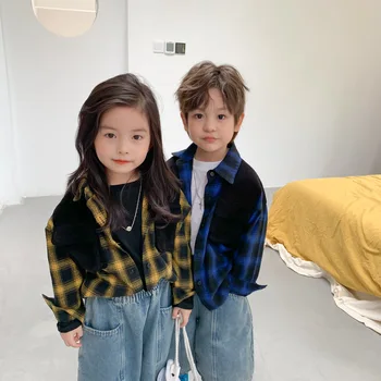 

Children Shirt 2020 Autumn Boys and Girls Plaid Long-Sleeved Shirt Toddler Kids Casual Corduroy Stitching Shirt Fashion Tops