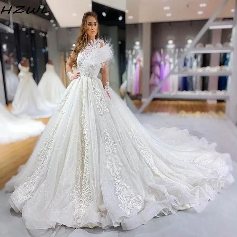 long sleeve feather wedding dress