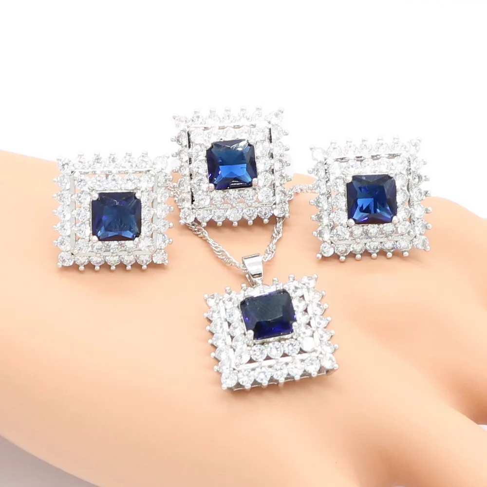 Синий Циркон стерлингового серебра 925 Модный кулон ожерелье серьги браслет и кольцо комплекты украшений для женщин модный подарок