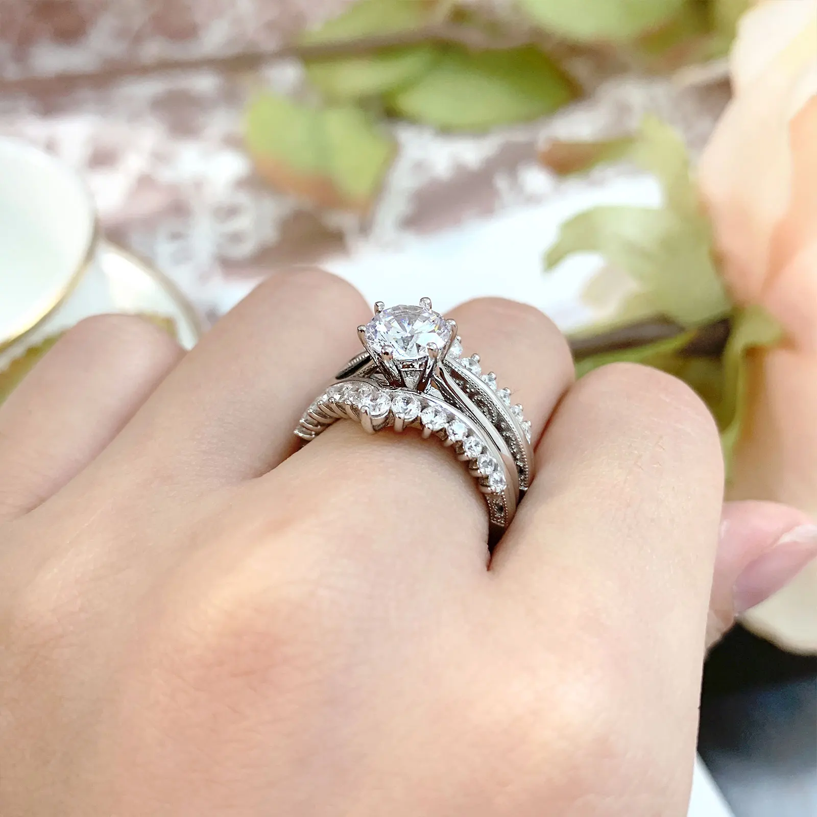 Newshe Luxury Solid 925 Sterling Silver Wedding Engagement Rings for Women High Grade Cubic Zircon Guard Band BR1167 H4ac9e1b77b8b4782a5c294701f9d9e1ad