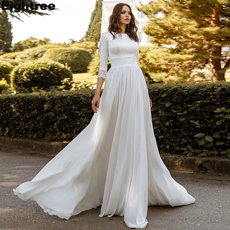 

New Chiffon A Line Wedding Dresses 2021 Satin Top Half Sleeves Bride Gowns Beach Bohomian Vestido De Novia