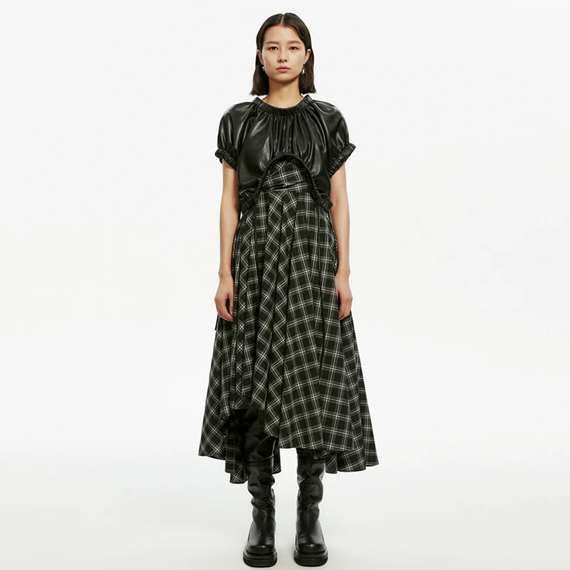 GALCAUR Black PU T Shirt For Women O Neck Short Sleeve High Waist Drawstring Ruched Streetwear Leather T Shirts Female 2020 Tide