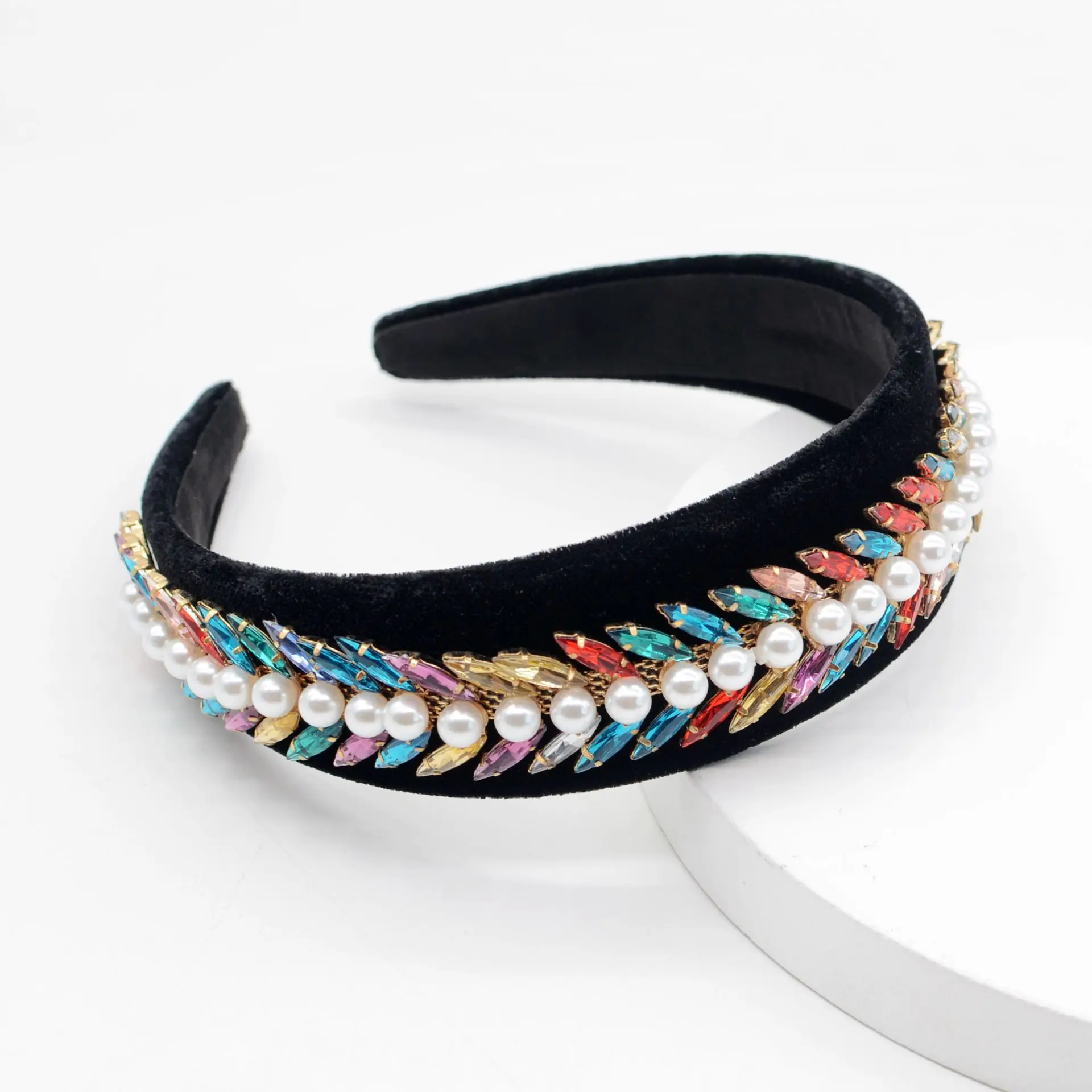 Handmade Exquisite Crystal Leaf Pearl Hair Hoop Woman Velvet Glass Shiny Headband Fashion Girl Hair Accessories Wholesale