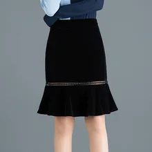 Женская осенне-зимняя Элегантная черная юбка Формальные повседневные юбки с высокой талией женские кружевные велюр платье-русалка юбка офисная до колен