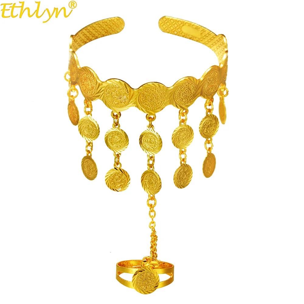 Ethlyn Gold Coin Pendant Tassel Bracelet for Women Gold Color Copper Ethiopian Jewelry African Bangle Arab Wedding Gift  S230