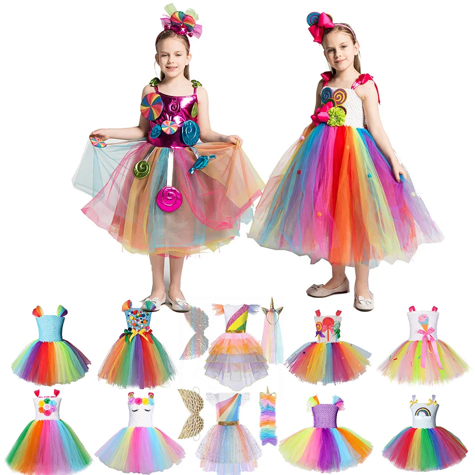 Girls Birthday Lollipop Fantasy Dress Children Unicorn Tutu Dresses Carnival Rainbow Candy Costume Teenager Princess Party Frock | Детская