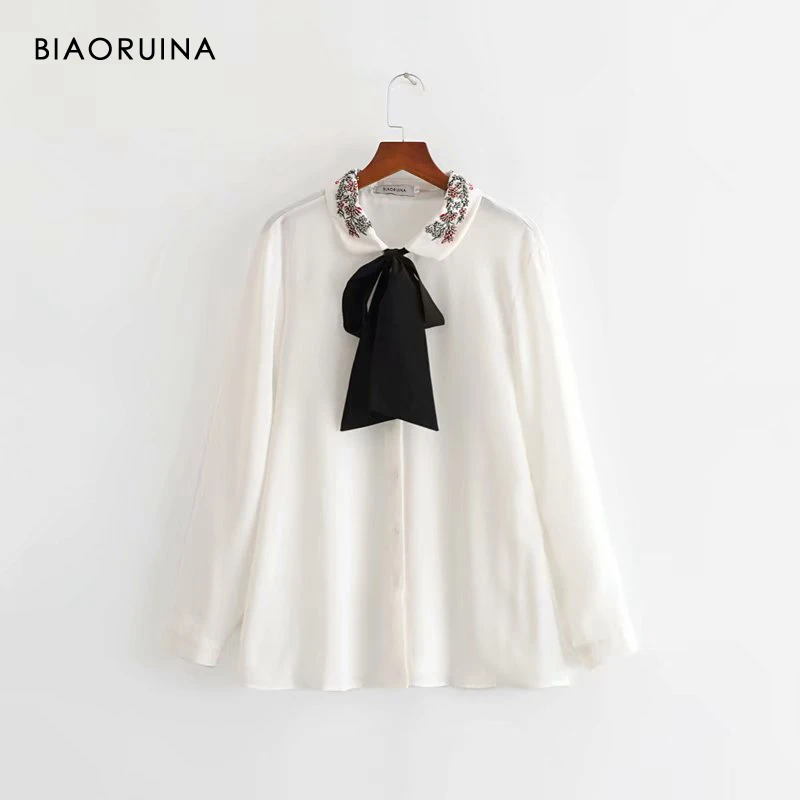 

BIAORUINA Women's White Chiffon Casual Shirt Floral Embroidery Beading Bow Collar Female Sweet Korean Style Blouse Fashion Tops
