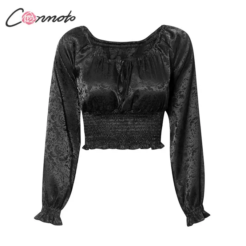 Conmoto, короткие топы с оборками, Черная Женская рубашка, твист, повседневные весенние Рубашки, винтажные, уличные, на шнуровке, женские Рубашки, Топы, mujer