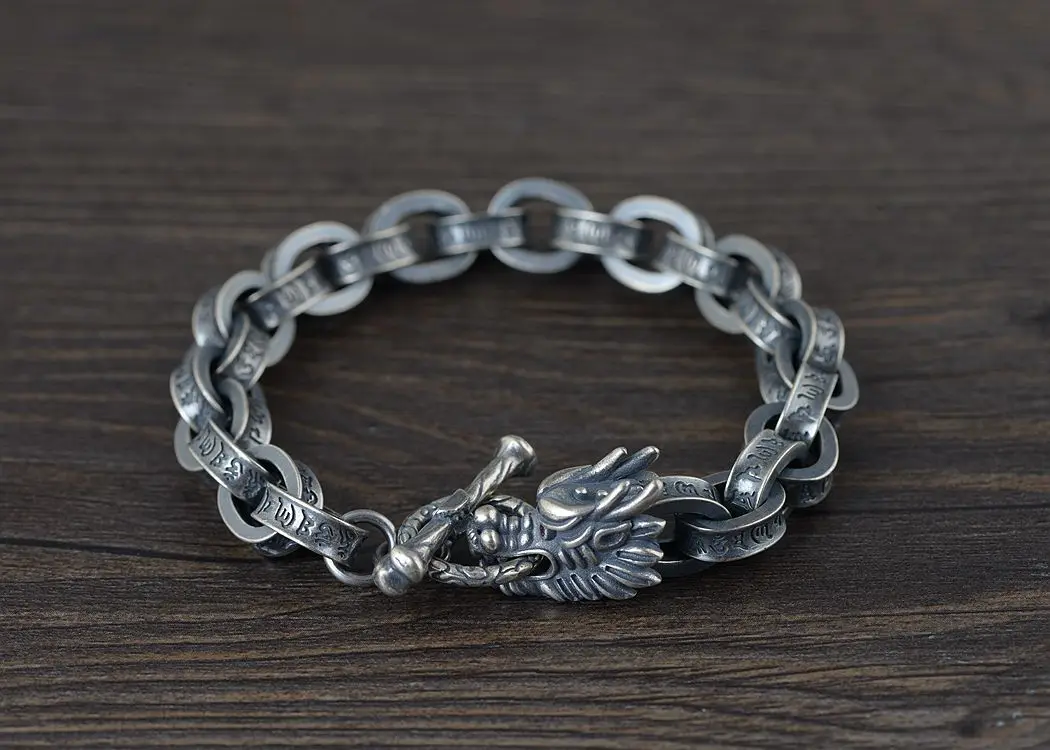 2021 New 100% ture Solid S925 silver antique Thai silver bracelet for Man six-word mantra leading silver bracelet men's bracelet