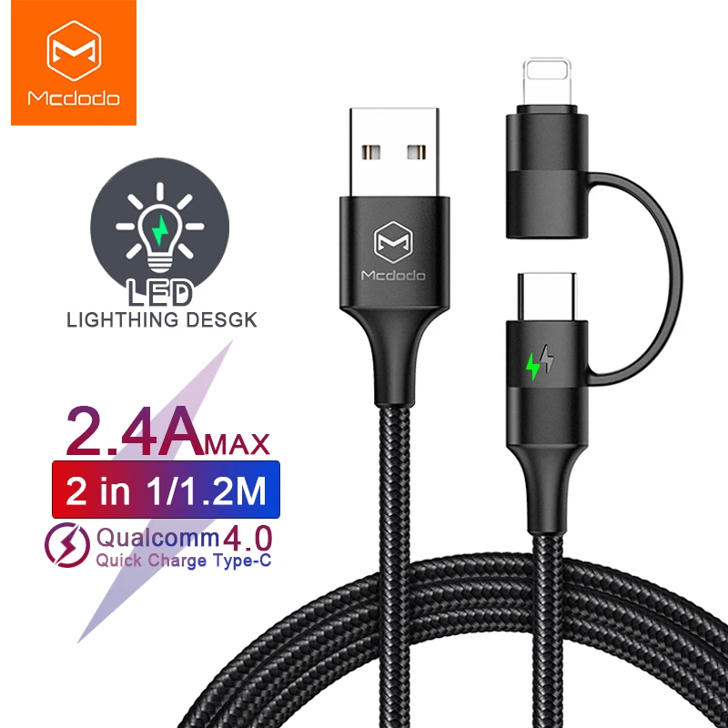 Mcdodo usb type-C кабель для samsung Redmi Note 7 USB кабель 2 в 1 быстрая зарядка для iPhone X XR XS Max телефон зарядное устройство Дата-кабель