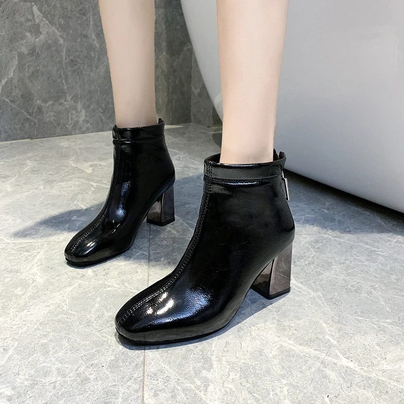 

Chunky Heel Bootee Woman 2019 Round Toe Low Heels booties Leather Booties Lace Up Lady Boots Women's Rubber Shoes Rain Zipper