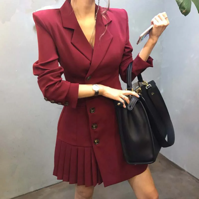 Spring WOMEN'S Dress Single Breasted Pleated Slim Black Small Suit Coat Women's Mid-length Long Sleeve 8651