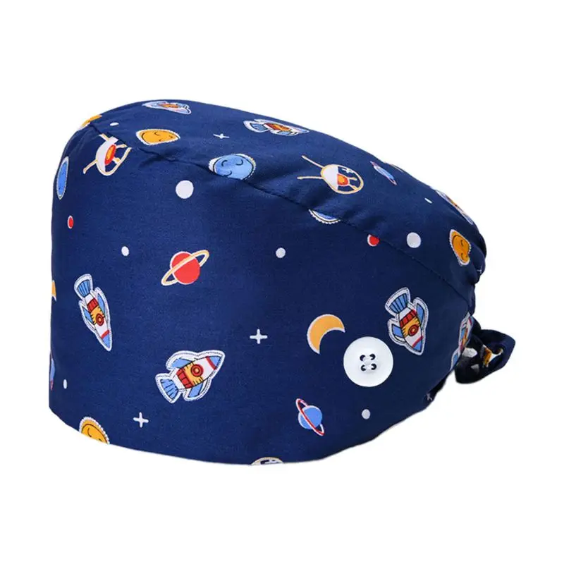 37 Colors Unisex Adjustable Working Scrub Cap with Protect Ears Button Electrocardiogram Embroidery Floral Print 