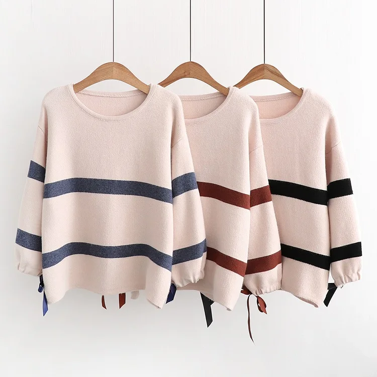 

2018 Fall Winter New Women Fashion Knitted Basic Pullover Sweaters Lace-up Sleeve O neck Slim Jumpers Tops For Woman
