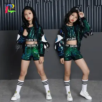 

Girls Green Sequin Set Holidays Costumes Kids Jacket Crop Vest Top Shorts 3pcs Children Girls Stage Dance Wear Clothes