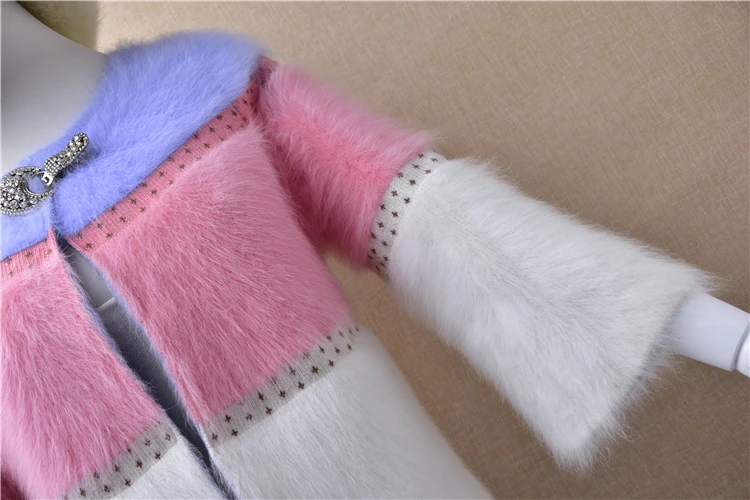 Женский милый зимний короткий свитер с пуговицами, расклешенный рукав, круглый вырез, норковая шуба, чистый Ангорский кроличий мех, вязаная куртка