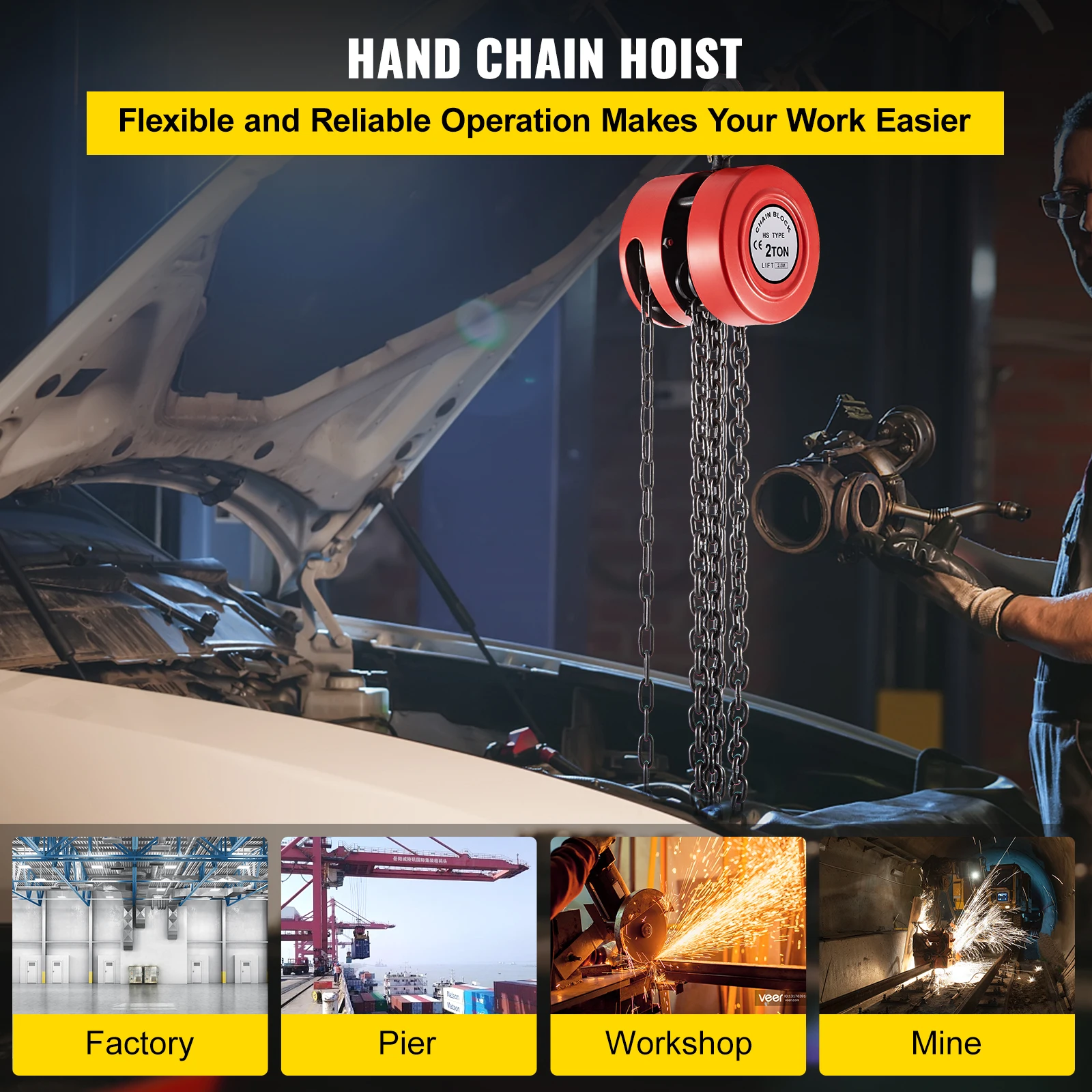 SucceBuy Chain Hoist Chain Block 1/2/3Ton 2200/4400/6600 LBS Capacity 8/15 Feet Lifting Height Steel Construction manual chain hoist