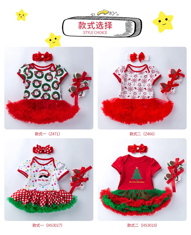 Infant Christmas Clothes 3pcs Sets Short Sleeves Baby Girls Clothes Newborn Rompers+Headband+Shoes New Year Gift Party Costumes