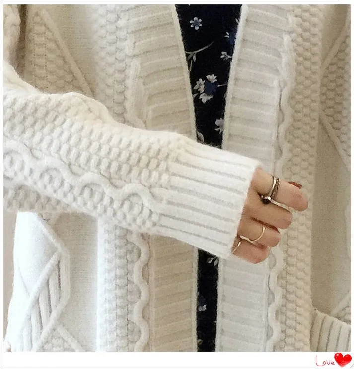 Neploe Twist Medium-long Sweater Cardigan Long Sleeve V-neck Pull Jumpers Autumn Winter Warm Knit Open Stitch Jacket 54652