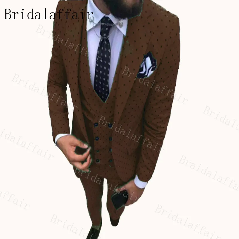 Bridalaffair, мужской костюм Poika в горошек, 3 предмета, желтый/серый/бежевый/белый/небесно-голубой смокинг с тупым углом, Женихи, мужские свадебные/вечерние - Цвет: brown