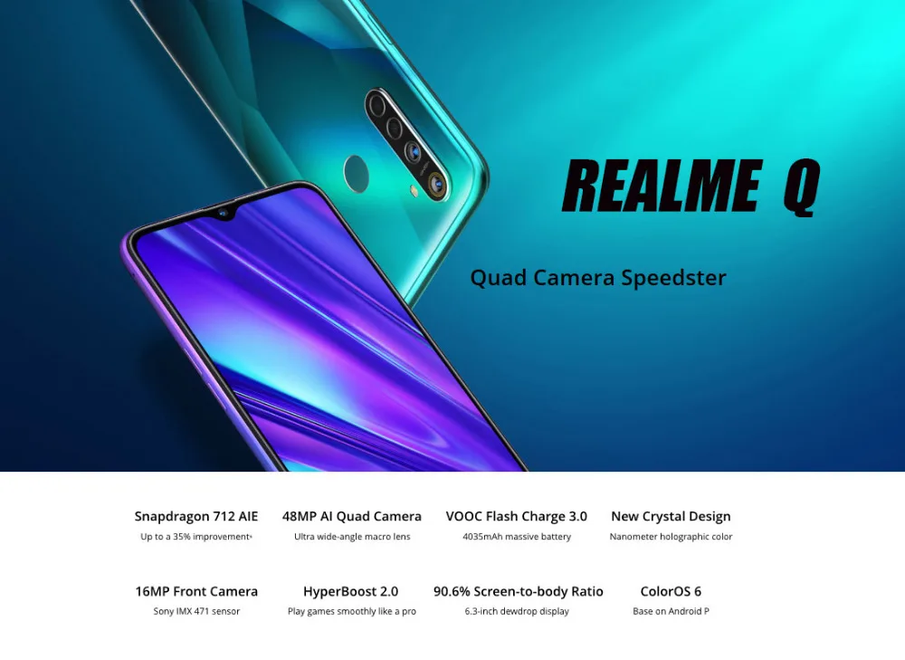 Оригинальный мобильный телефон Realme Q 6,3 "полный экран 4 Гб ОЗУ 64 Гб ПЗУ Snapdragon 712 AIE Android 9,0 48.0MP четыре камеры смартфон