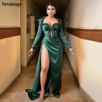 

Sevintage Long Sleeve Mermaid Split Side Celebrity Dress Pleats Beaded Red Carpet Dresses AMVCA 2020 Evening Gowns Sweep Train