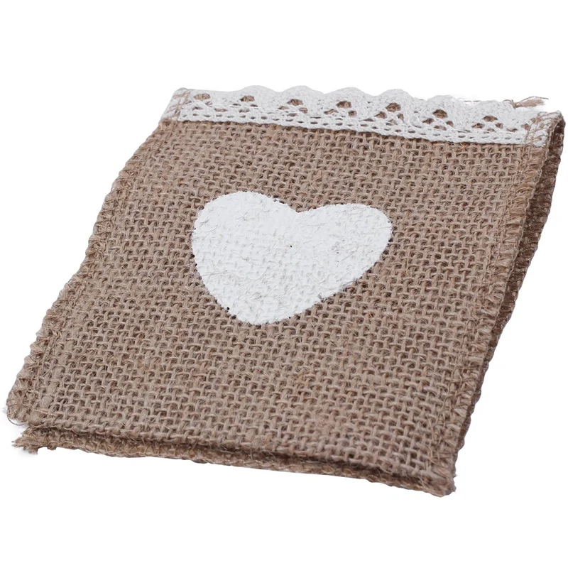 

100Pcs Jute Hessian Tableware Pouch Pocket Love Cutlery Knife Fork Holder for Rustic Wedding Party Decoration Supplies