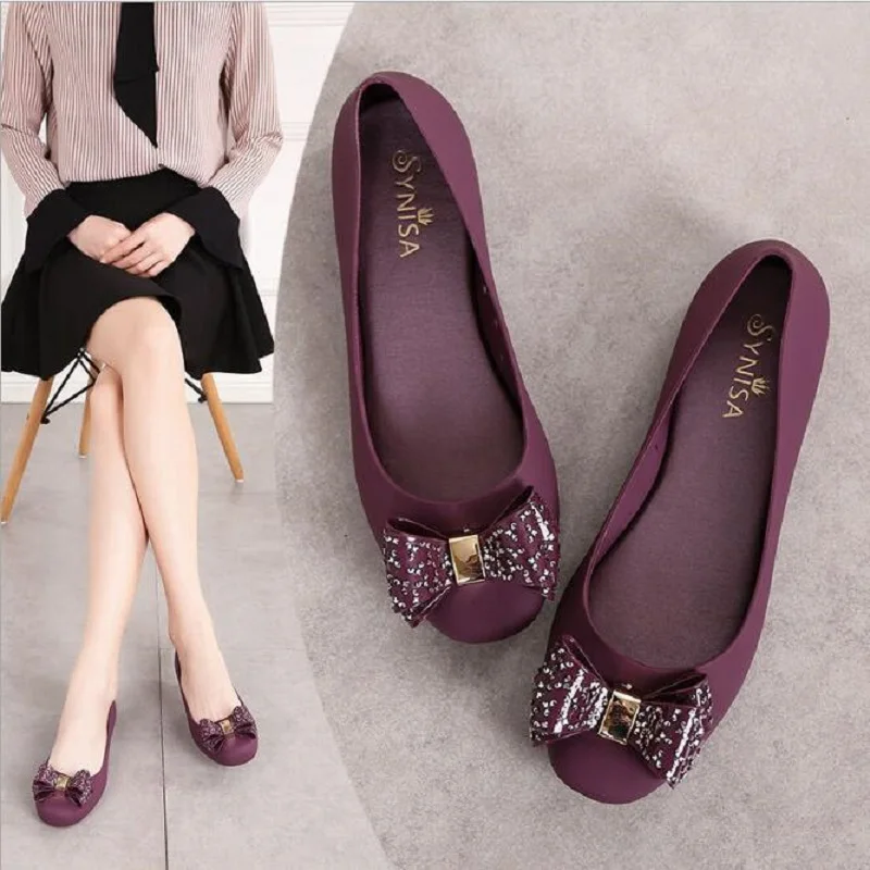 

Spring Summer Autumn Fashion Women Beach Sandals Slip-On Female Flats Shallow Metal Crystal Bowknot Ladies Jelly Shoes 20190823