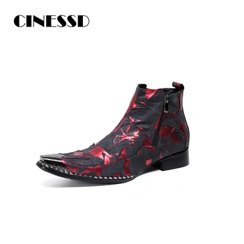 

Flat Bottom Man Party Ankle Red Genuine Leather Boots Pointed End Zipper Soft Comfortable fitting Man Wedding Shoes