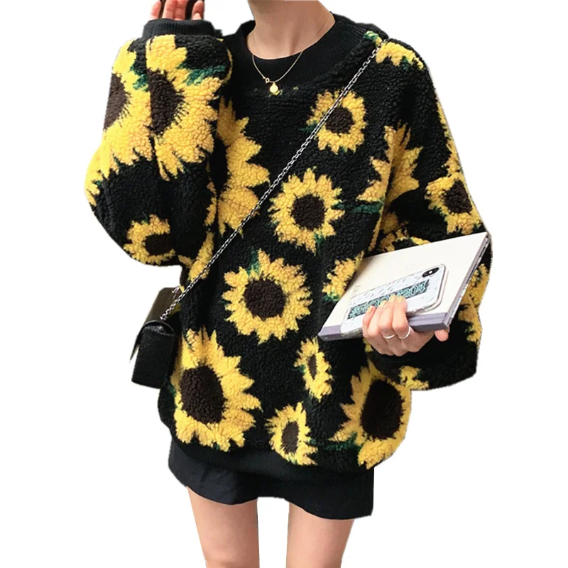 Sunflower color Корейская черная толстовка с подсолнухами для женщин; сезон осень-зима; теплая толстовка из овечьей шерсти; флисовая толстовка; пуловер из искусственного меха; Kawaii; Женская толстовка с капюшоном - Color: Sunflower color