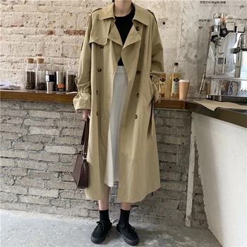 

2020 Spring Autumn Women's Casual Trench Coat Oversize Double Breasted Vintage Outwear Sashes Chic Cloak Female Windbreaker FY94