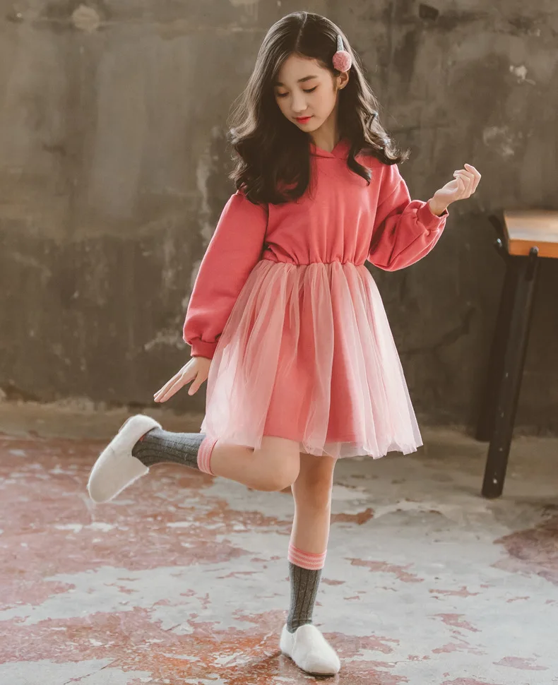 2020 Spring Autumn Big Girls Cute Pink Rabbit Ears Hooded Sweater Dresses Children Cotton Mesh Dress Blue Size 6 8 9 10 11 12 13 (7)