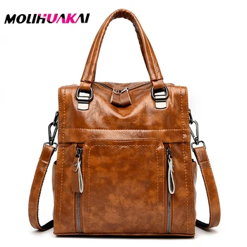 

3 in 1 Double Pocket Women Leather Backpack Female Large Capacity School Bag for Girls High Quality Shoulder Bags for Women 2019