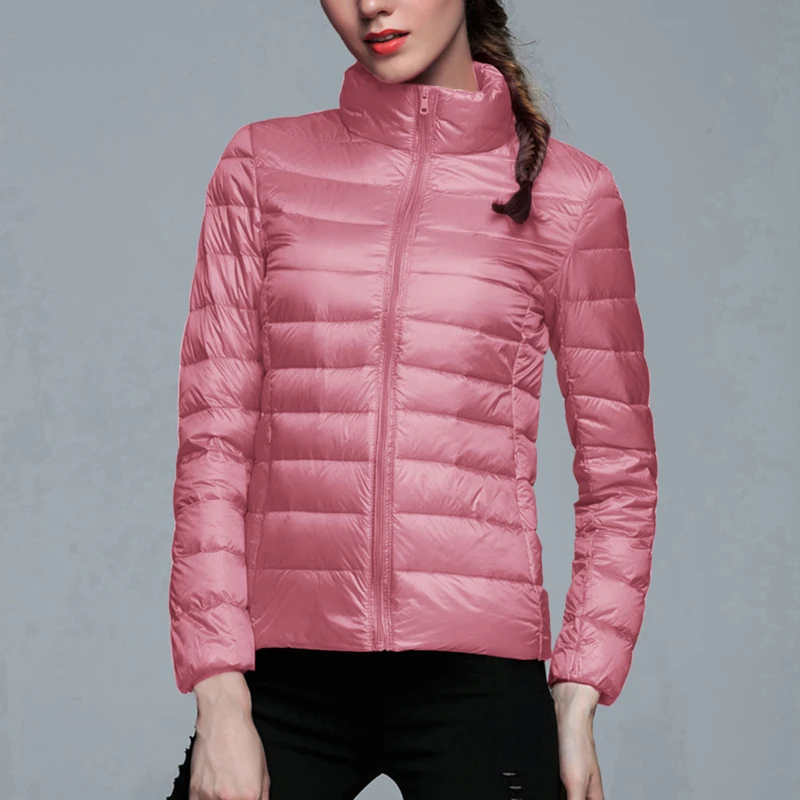 Зимняя женская ультра легкая куртка-пуховик с капюшоном и белым утиным пухом теплая куртка с длинным рукавом Женская Однотонная легкая одежда - Цвет: pink 2