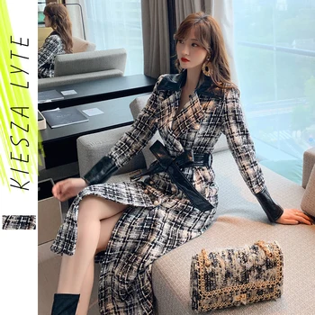 

Elegant Winter women's wool coat fashion contrast color black and white check suit collar high waist slim long jacket