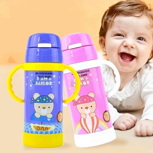 Eco-Friendly 500ML Baby's Vacuum Water Bottle handgrip Children Powdered Milk Thermals cup Stainless steel straw Thermos Flasks