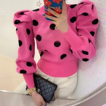 

2020 Spring Autumn New Design Round Neck Polka Dot Sweater Dress Sweet Bubble Sleeve Pullovers Female Fashion Jumper