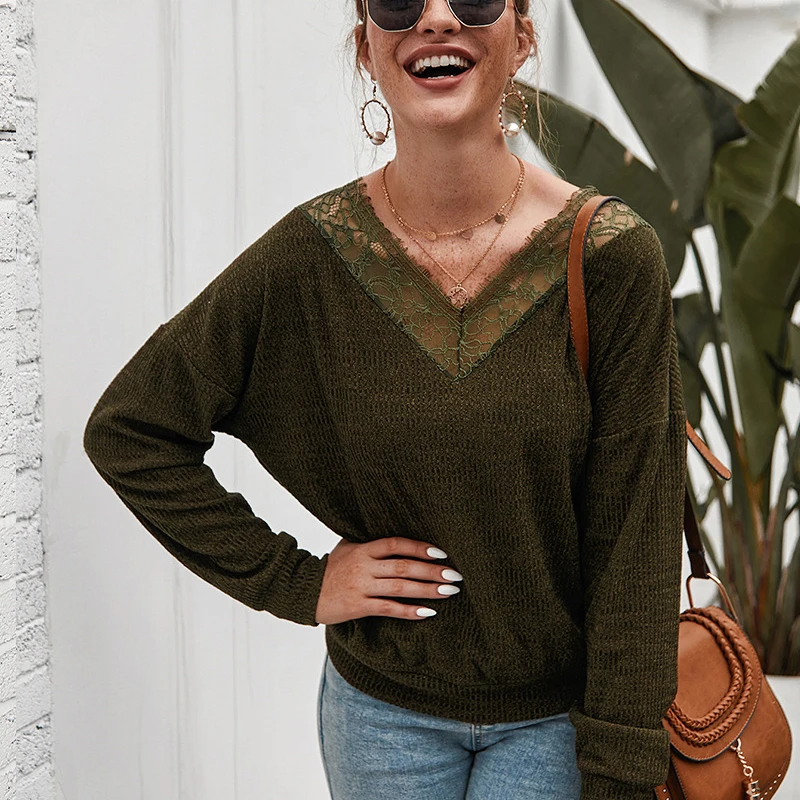 Fashion Loose Ladies Sweater Pullover women 2019 Autumn Winter Lace stitching knit Jumpers V-neck sexy Sweaters Women Pull Femme | Женская