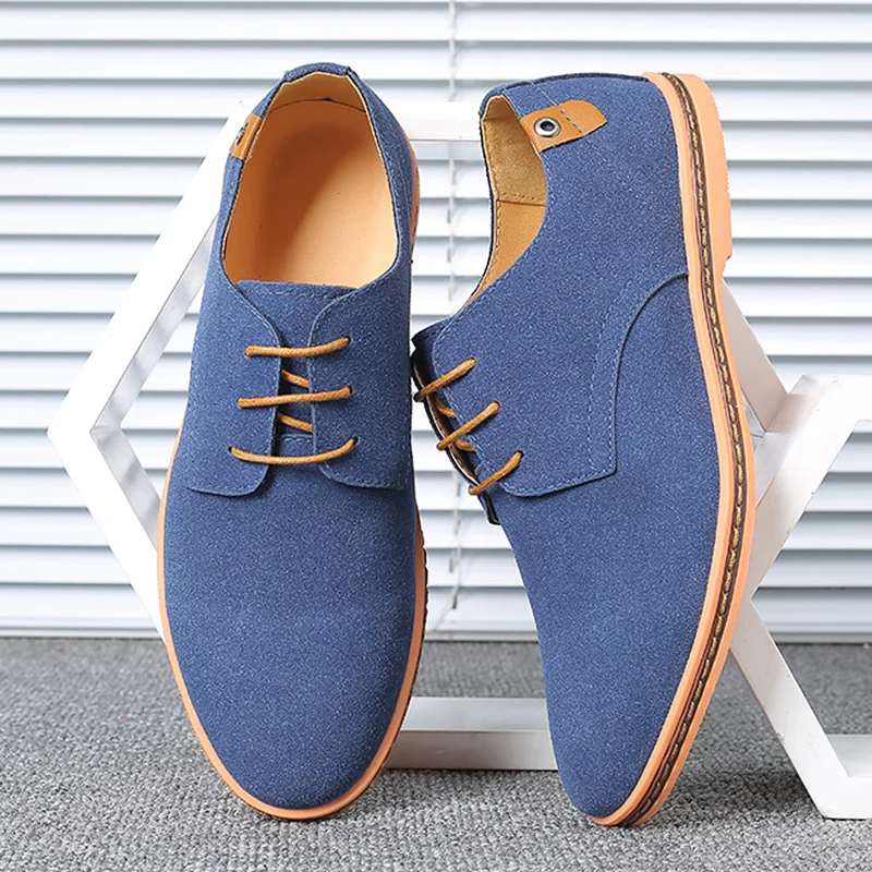 Zapatillas de deporte de cuero de ante para hombre, zapatos vulcanizados de talla grande 47 48, cómodos, con cordones, color azul nobuk, para Primavera, 2021